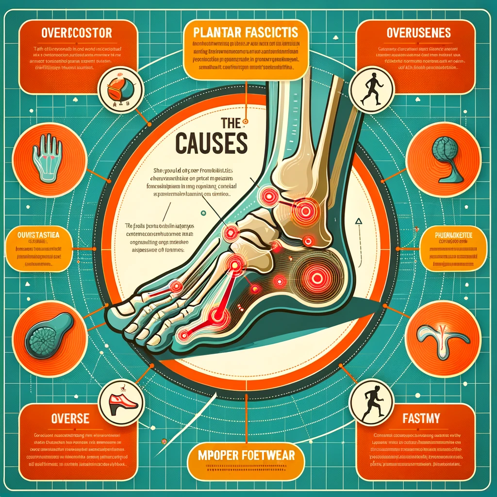 Infographic detailing the causes of plantar fasciitis, highlighting factors such as overuse and improper footwear, with a focus on common pain sites