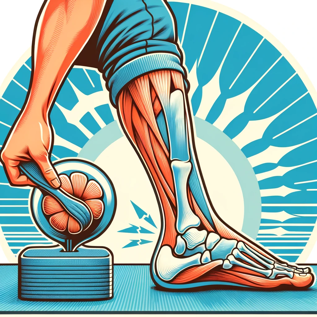 A person performing a combination of foot stretch and massage for plantar fasciitis relief, depicted in a home setting