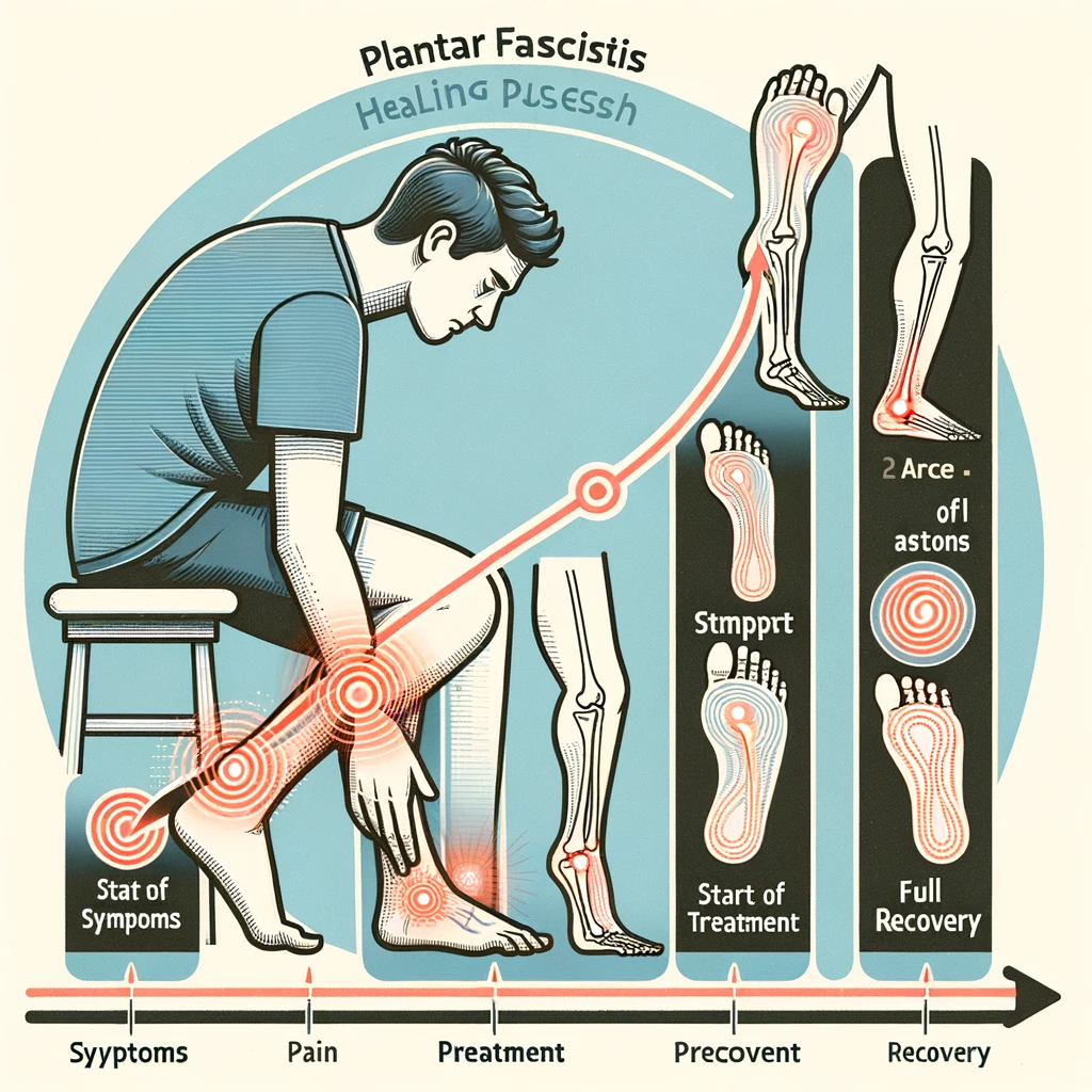 Timeline graphic showing the healing stages of plantar fasciitis, from initial pain to full recovery, with key treatment milestones