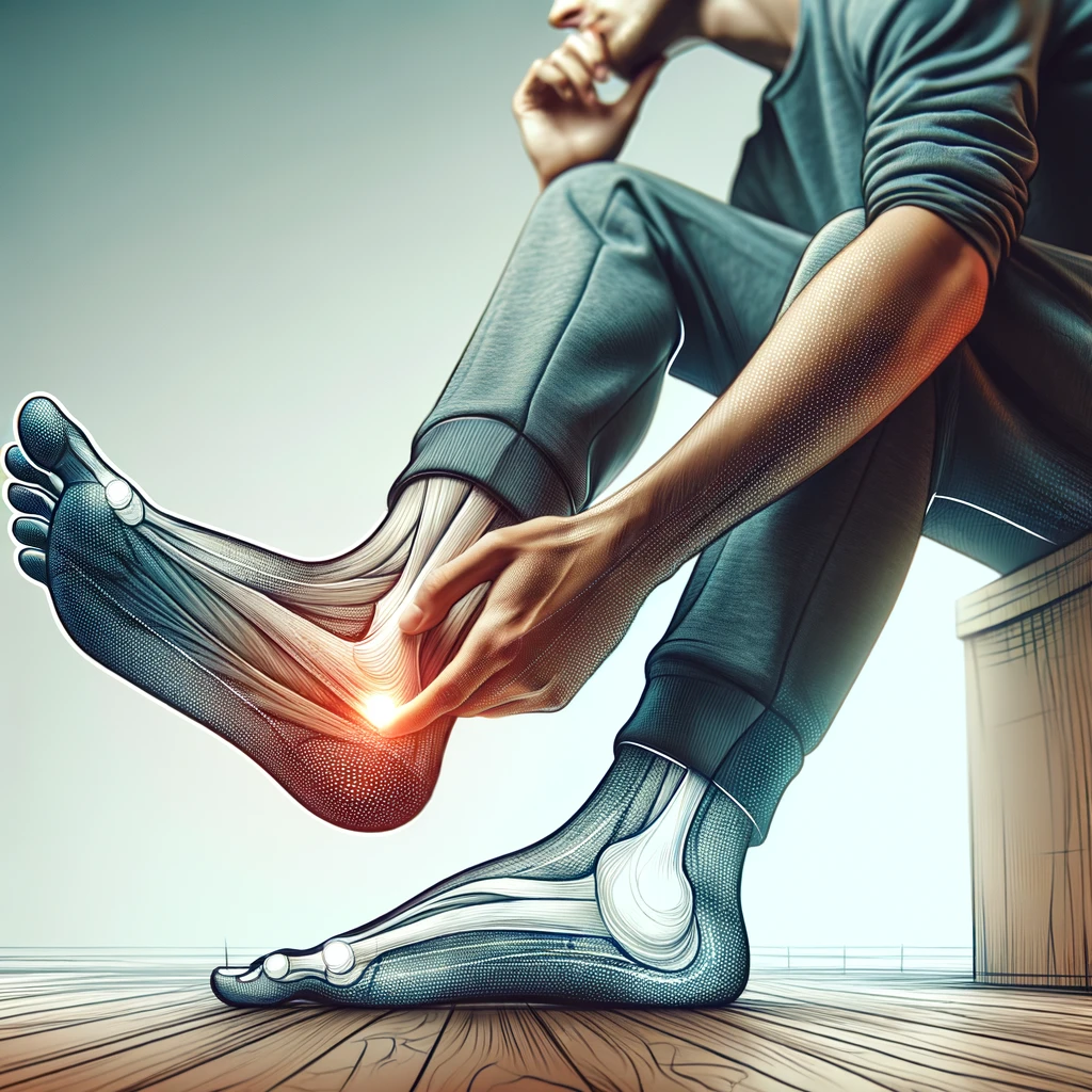 Illustration of a person examining their foot for plantar fasciitis symptoms, focusing on areas of pain in the heel and arch