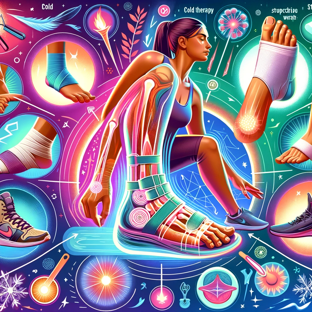 Illustration of various rapid relief treatments for plantar fasciitis, including cold therapy, stretching, supportive footwear, and night splints