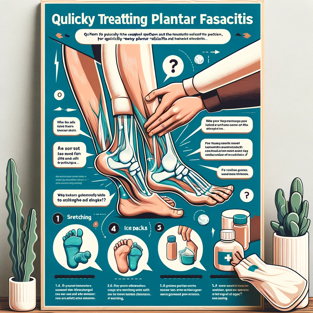 An educational image designed like an FAQ section, featuring common questions about treating plantar fasciitis